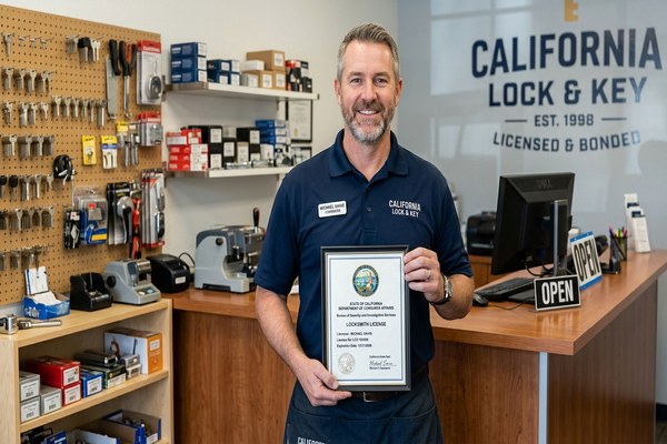 BSIS licensed locksmith technician on Peninsula job site