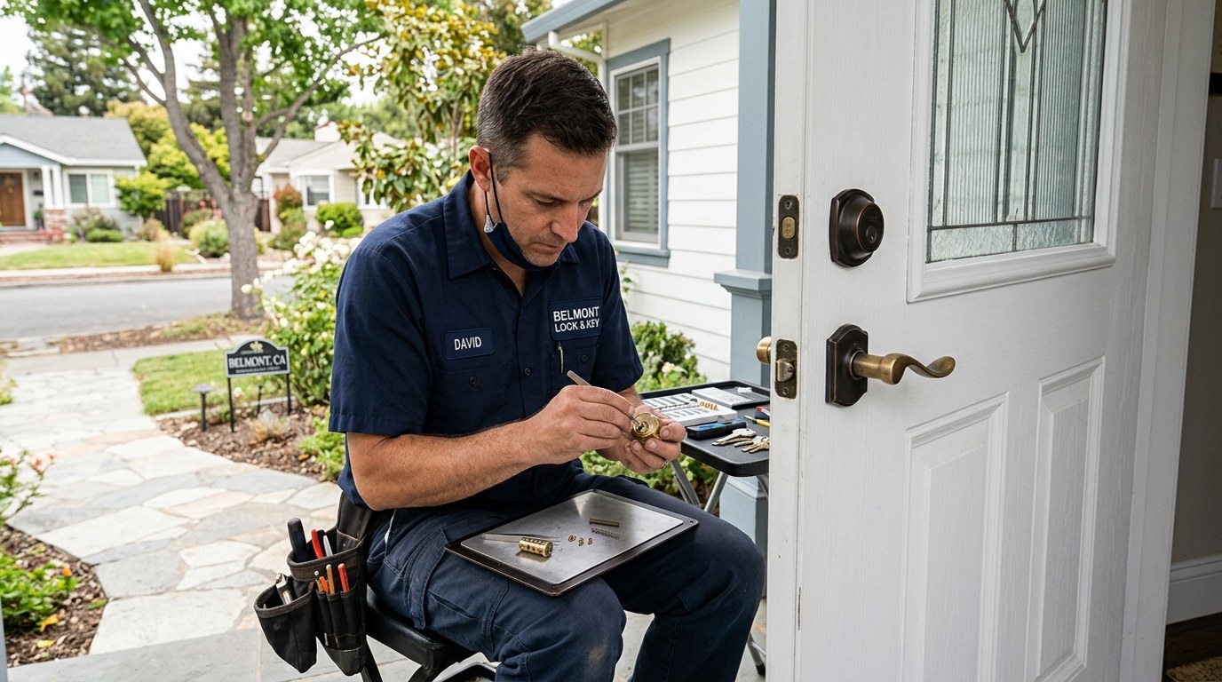 Locksmith technician installing a deadbolt at an affluent Belmont CA home with Peninsula hills in background