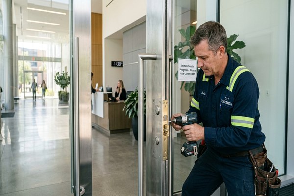 Access control panel installation at a commercial office in Belmont CA
